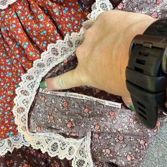 Vintage 70s 80s Orange Brown Calico Floral Ruffle Lace Circle Square Dance Skirt - Picture 4 of 8